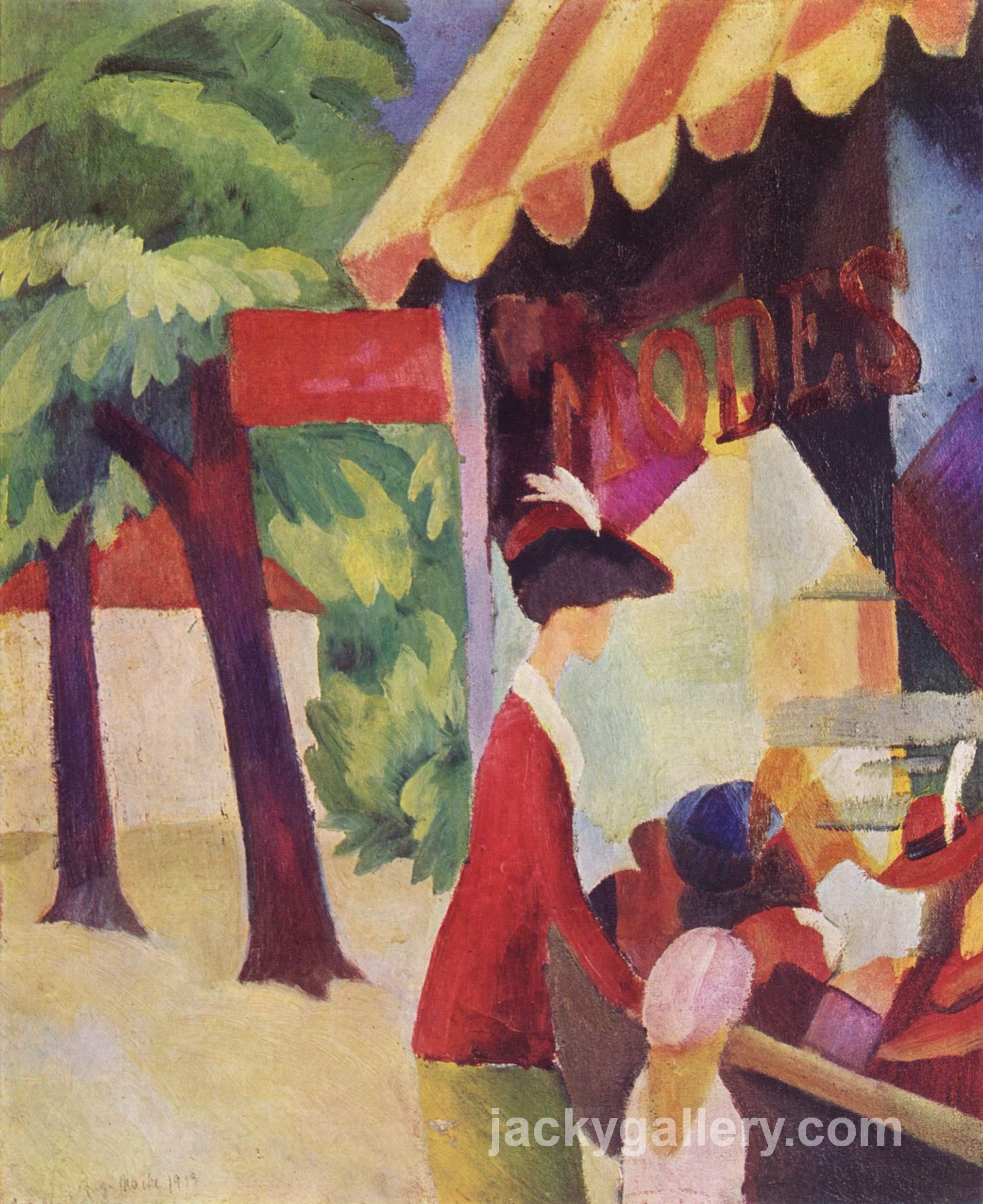 In front of the hat shop (woman with red jacket and child), August Macke painting